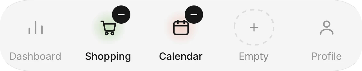 A tab bar with Shopping and Calendar picked
