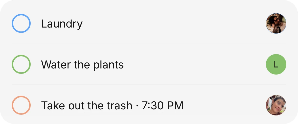 Laundry, water the plants, take out the trash at 7:30 PM, each with a face
