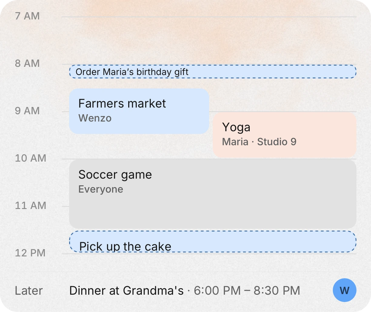 Saturday: a farmers market in blue, yoga in salmon, a soccer game for everyone in grey
